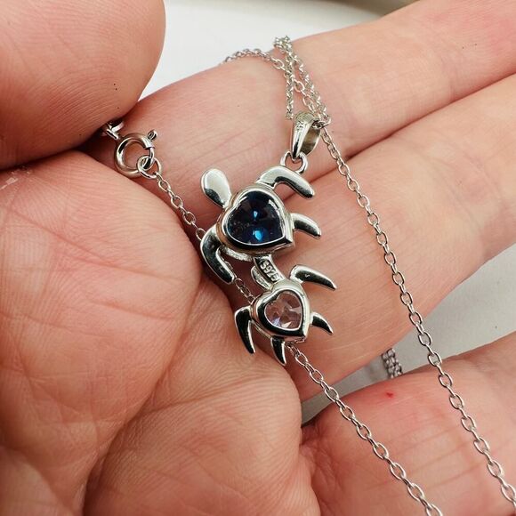 Sterling Silver Mom and Baby Turtle CZ Heart Necklace - Picture 8 of 8